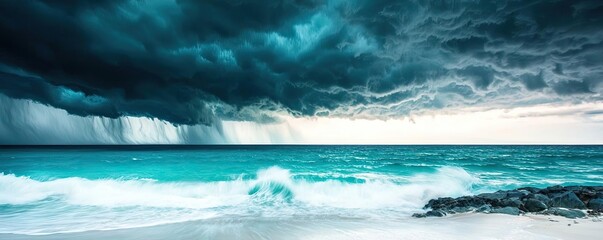 Poster - Sea turtle conservation landscapes concept. Dramatic seascape with stormy clouds over turquoise ocean waves, creating a moody atmosphere.