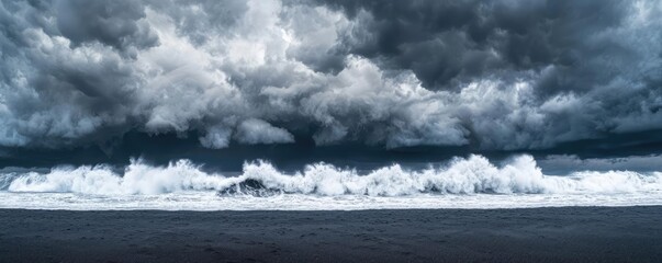 Poster - Beach waves landscapes idea. A dramatic seascape with dark clouds and crashing waves under a stormy sky.