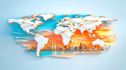 Poster - minimalist white world map with golden connection lines overlays vibrant cityscape at sunset, blending modern urban design with global connectivity
