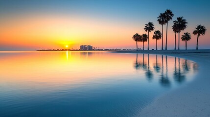 Poster - Beach waves landscapes idea. Stunning beach sunset with palm trees silhouetted against the vibrant sky.