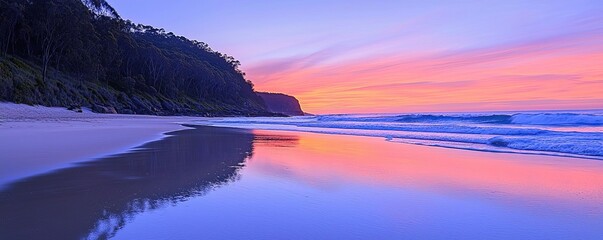 Poster - Beach waves landscapes idea. Stunning sunset landscape with vibrant colors reflecting on calm beach water.
