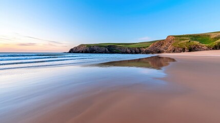 Aufkleber - Beach waves landscapes idea. A serene beach at sunset showcasing calm waves and reflective sand.
