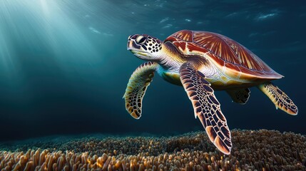 Poster - Sea turtle conservation landscapes concept. A graceful sea turtle swimming peacefully through vibrant coral reefs.
