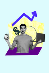 Poster - Vertical sketch 3d collage poster of happy freelancer businessman hold laptop clock arrow development dollar currency income