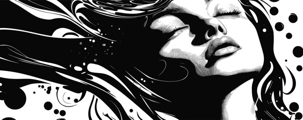 Poster - Monochrome portrait of young woman with flowing hair in abstract art style.