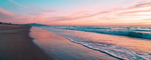Aufkleber - Beach waves landscapes idea. A serene beach at sunset with waves gently lapping the shore and colorful skies.