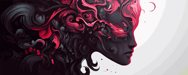 Poster - Abstract side profile of woman with red and black swirling hair in artistic design.