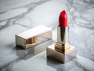 Poster - Vibrant Red Lipstick Box on White Marble - Clean Lines & Ambient Light