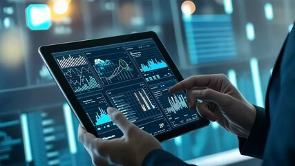 Poster - A skilled professional uses a digital tablet displaying business analytics with engaging graphs and data visualizations in a hightech environment for effective analysis and strategic decisionmaking