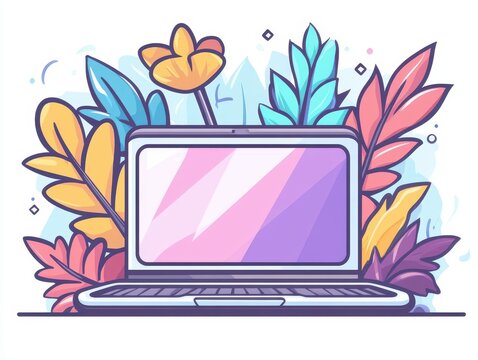 Illustration of a Laptop with Vibrant Multicolored Leaves Surrounding It, Combining Elements of Nature and Technology in a Modern Artistic Style