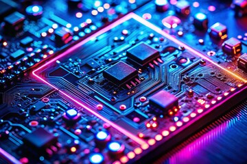 Poster - Vibrant Pink & Blue LED Circuit Board Close-up - Night Photography