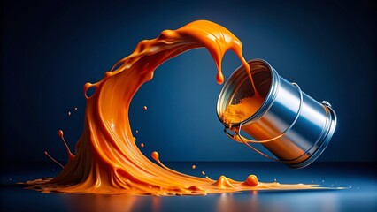 Poster - Vibrant Orange Paint Flowing on Blue Background - Abstract Art Stock Photo
