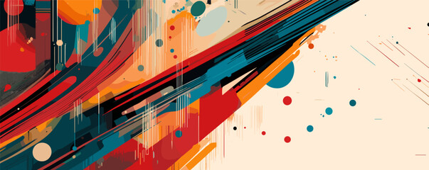 Poster - Abstract colorful paint splatter with dynamic lines and shapes on neutral background.