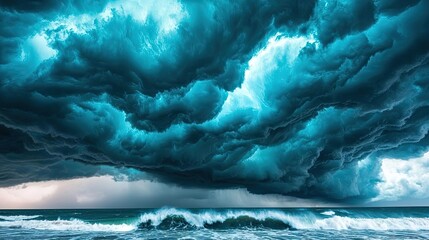 Poster - Beach waves landscapes idea. Dramatic storm clouds gather over turbulent ocean waves, illustrating nature's raw power.