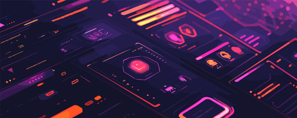 Poster - Futuristic digital interface with neon ui elements and data panels in a dark setting.