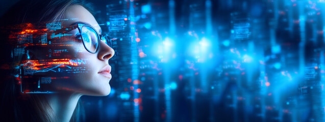 a woman wearing glasses, focused on digital work in a tech-driven environment. she is surrounded by 