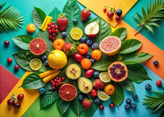 Poster - Vibrant Geometric Fruit & Leaf Still Life Photography