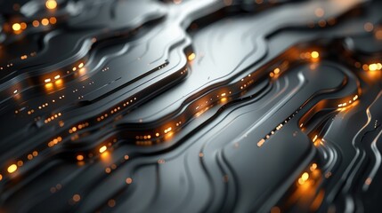 Fototapete - Futuristic circuit board with glowing orange lights on metallic surface