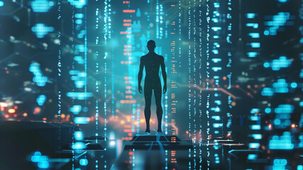 Poster - This figure stands in a digital space filled with data streams on gene therapy concepts.