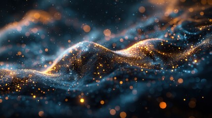 Poster - Abstract glowing particles and waves in a cosmic landscape