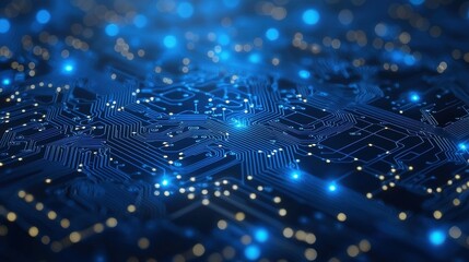 Poster - Futuristic blue circuit board with glowing lights and electronic patterns
