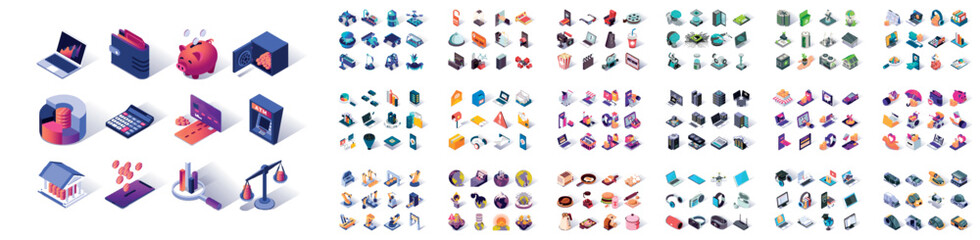 Poster - Mega set of vector isometric icons. Contains such 3d icon collection as business, finance, robotization industry, commerce, shopping, gadgets, clean energy, education. Isometry pictogram pack.