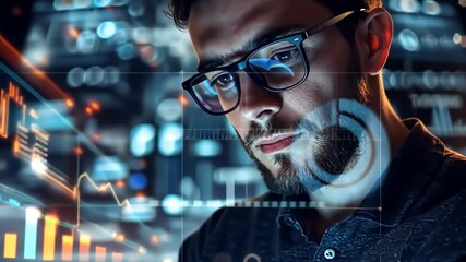 Poster - A young professional, wearing stylish glasses, carefully scrutinizes detailed analytics data displayed on a sleek, cuttingedge digital interface, all within a vibrant, futuristic technology backdrop