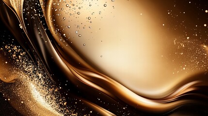 Poster - Abstract golden swirls dominate the composition, creating a dynamic flow with shimmering particles and subtle water droplets enhancing the luxurious f