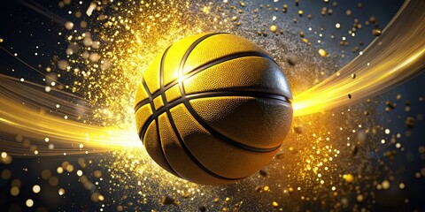 Poster - Surreal Rotating Basketball: Yellow-Black Sphere with Dynamic Particles, 3D Render