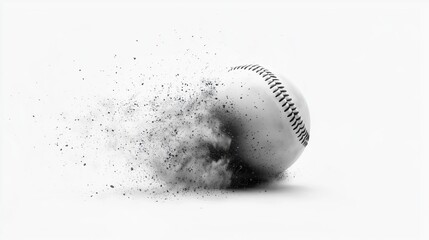 A powerful monochrome image depicts a baseball exploding into dust particles against a stark white background showcasing the impact and disintegration of the ball in dynamic