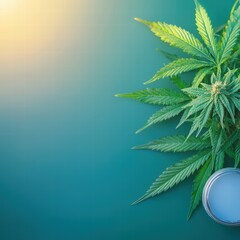 Poster - Marijuana plant next to a tin container on a table surrounded by natural light and shadows