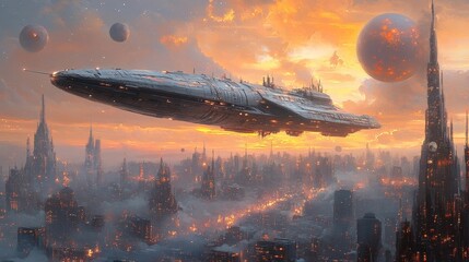 Wall Mural - Futuristic Spaceship Flying Over a Dystopian Cityscape at Sunset. Generative AI