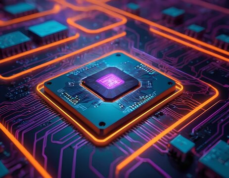 Close-Up of a Glowing Processor Chip with Purple Light and Orange Neon Outlines