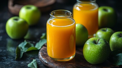 Poster - Bright green apples surround glasses filled with vibrant orange juice. The setting features natural wood elements, creating a fresh and organic atmosphere.