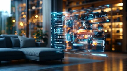 Poster - Innovative home gadget showing sleek animation in a modern living room with warm lighting