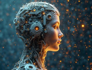 Poster - Detailed cyborg head with visible gears and circuitry, blending human features with mechanical elements