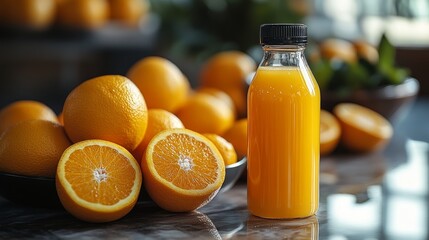 Aufkleber - Bright orange juice is showcased in a glass bottle next to vibrant oranges, some halved, on a kitchen countertop bathed in natural light, evoking freshness and health.