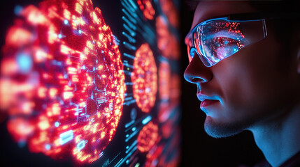 Poster - scientist analyzing a holographic digital brain interface, exploring AI, neural connections, and futuristic advancements in neuroscience and cognitive research.banner