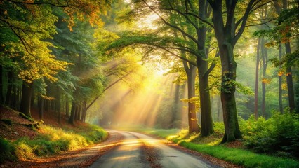  Sunlit Forest Road: Curving Path Through Morning Woods - Vintage Travel Photography