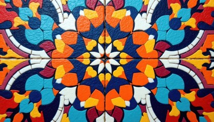 Poster - A close up shot of a vibrant and colorful mosaic tile pattern, illustrating intricate geometric shapes and bold hues in a visually appealing way.