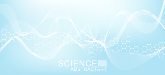 Poster - modern science background with lines, dots and hexagons. wave flow abstract background. molecular st
