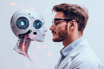 Poster - Male scientist and humanoid AI robot face to face, symbolizing artificial intelligence, human-machine interaction, and futuristic technological advancements in robotics, deep learning, and innovation.