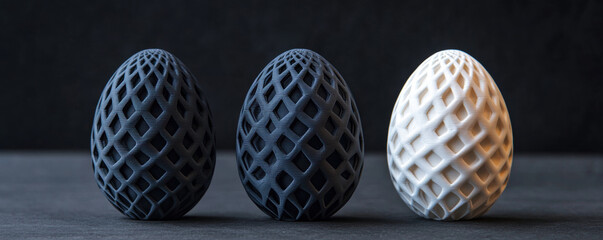 Poster - 3D printed decorative eggs in black and white colors, showcasing intricate lattice designs. Perfect for Easter decor