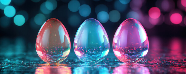 Poster - Colorful glass eggs with reflections and bokeh lights create vibrant and festive atmosphere