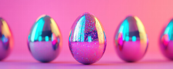 Poster - Shiny, colorful Easter eggs arranged row, reflecting vibrant hues against soft pink background, creating festive atmosphere
