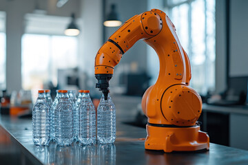 Poster - Futuristic robotic arm handling a vial of red liquid in an advanced pharmaceutical manufacturing facility. AI-driven biotechnology, automated drug production, precision engineering,innovation medical