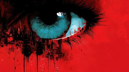 Poster - An intense artistic representation of an eye with a striking blue iris against a vibrant red background. Copy space, commercial use