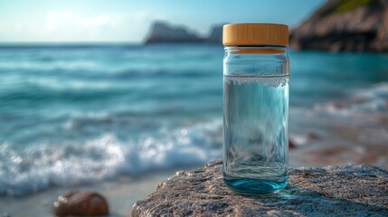 Poster - A glass water bottle sits atop a rock along the beach, with the ocean waves gently rolling in. The bright sunlight enhances the serene atmosphere of the coastal scenery.