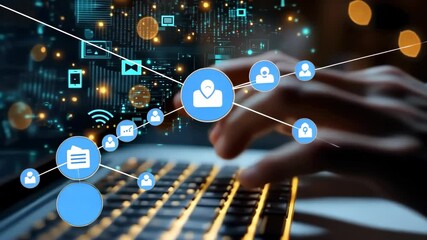 Poster - This closeup image depicts hands typing on a modern laptop, with digital icons and data visualizations in the background, showcasing innovation in business and technology via digital connectivity