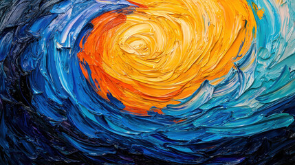 Poster - Vibrant swirling colors create dynamic abstract painting, featuring bold orange and deep blue hues that evoke energy and